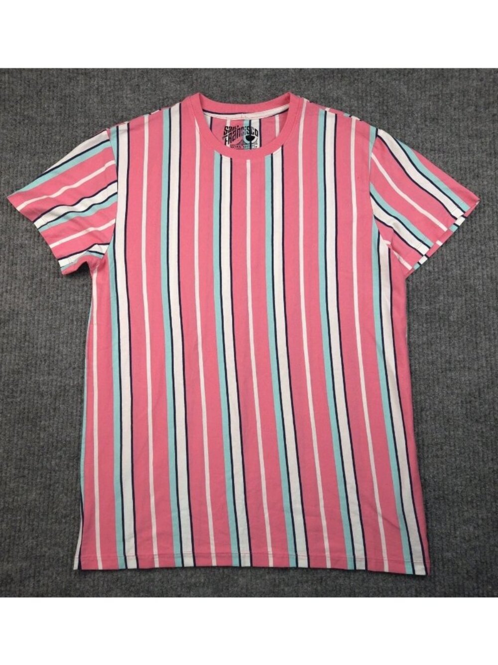 San Francisco Work Shirts Striped Tee Men's Medium Pink Teal Navy White